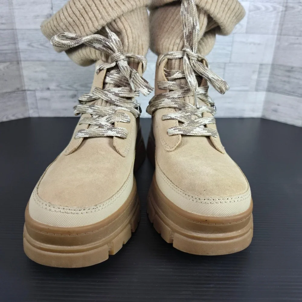 UGG Ashton Addie Sand Tan Suede Knit Collar Lug Sole Lace Up Boots 1143831 Sz 8